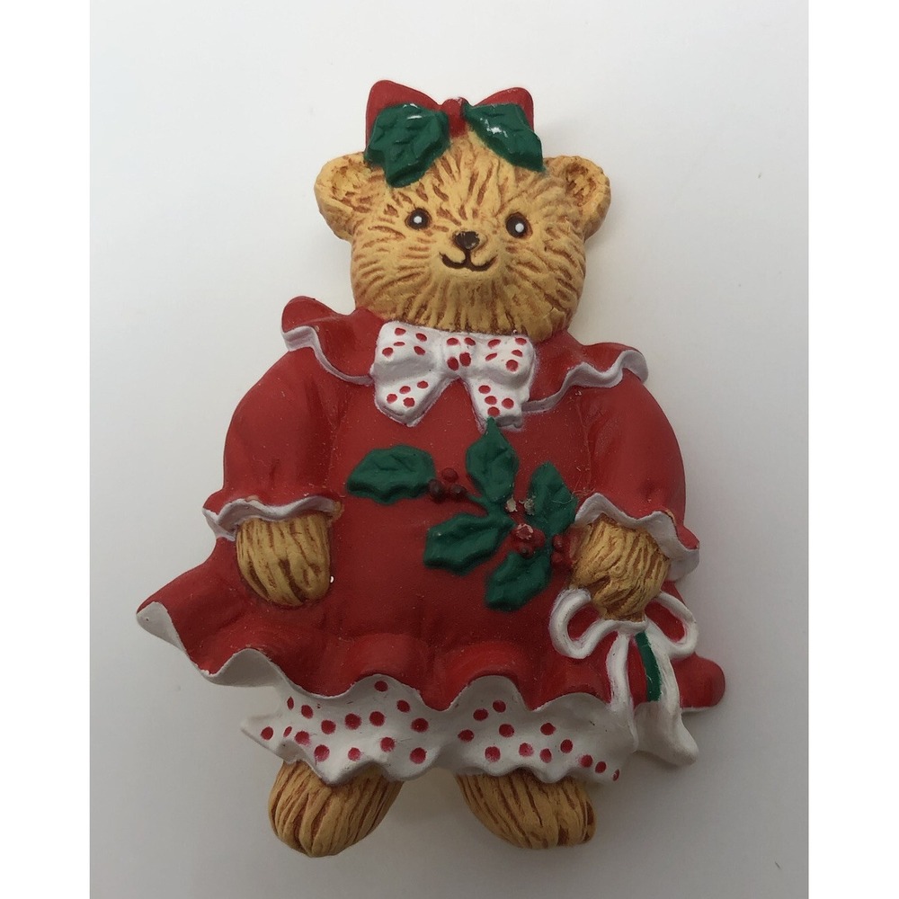 Vintage Hallmark Christmas Pin GIRL TEDDY BEAR Brooch Lapel Pin HOLLY Holiday 2"